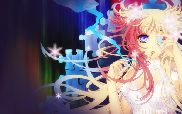 Anime picture 2560x1600 with pixiv girls collection 2010 nitou akane (artist) single long hair highres blue eyes blonde hair wide image bare shoulders pink hair ahoge one eye closed multicolored hair fingernails wink smoke long fingernails smoking girl choker