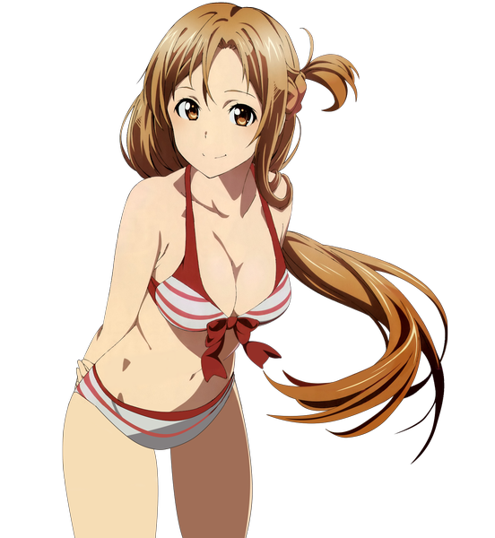 Anime picture 1472x1600 with sword art online a-1 pictures yuuki asuna single tall image looking at viewer breasts light erotic smile brown hair standing brown eyes braid (braids) official art girl navel underwear panties swimsuit bikini