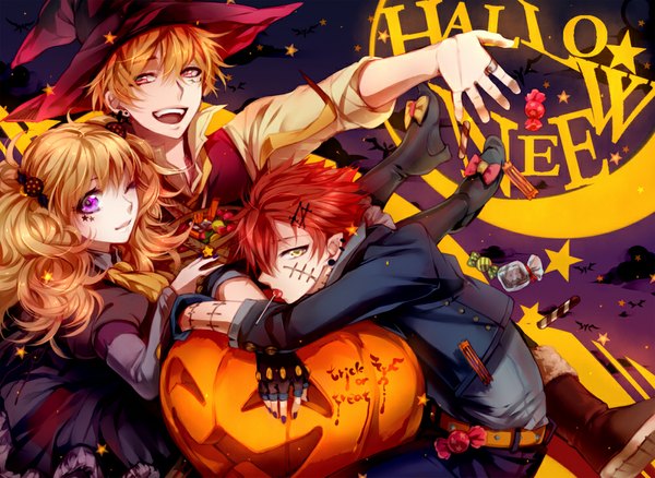 Anime picture 1000x731 with original matsunaka hiro long hair short hair open mouth blonde hair red eyes purple eyes yellow eyes red hair nail polish one eye closed wink inscription multiple boys scar halloween girl dress boy