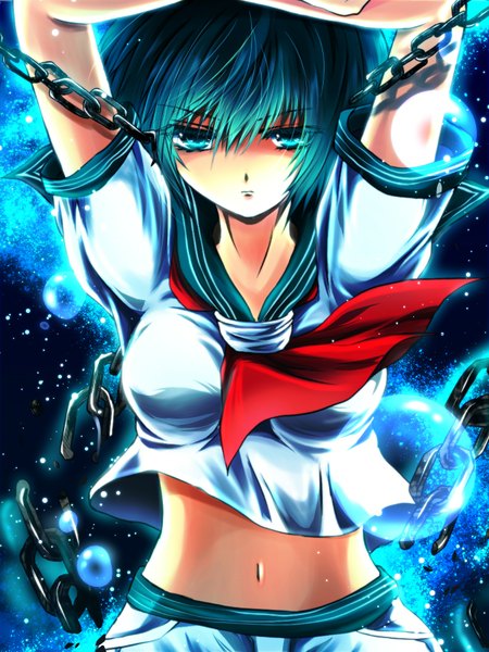 Anime picture 1200x1600 with touhou murasa minamitsu nekominase single tall image looking at viewer short hair blue eyes blue hair midriff girl navel serafuku chain