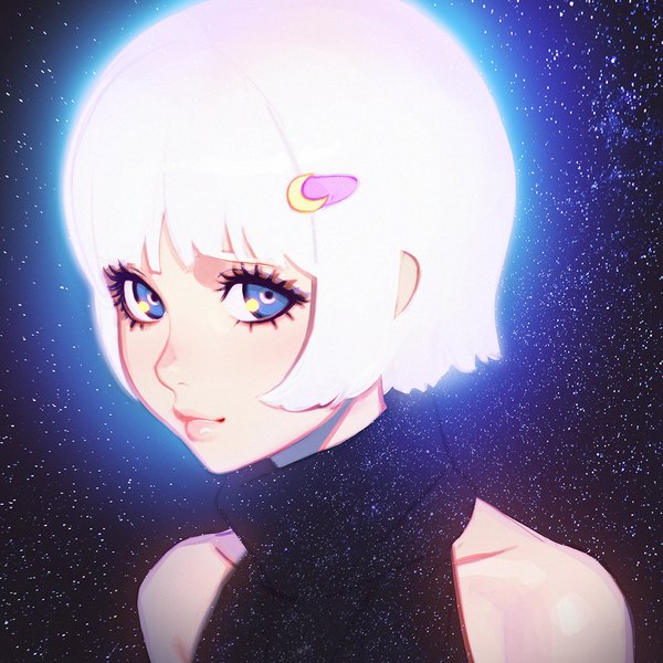 Anime picture 1080x1080 with original ilya kuvshinov single looking at viewer fringe short hair blue eyes smile bare shoulders upper body white hair blunt bangs night night sky lipstick portrait pink lipstick glow makeup starry sky print