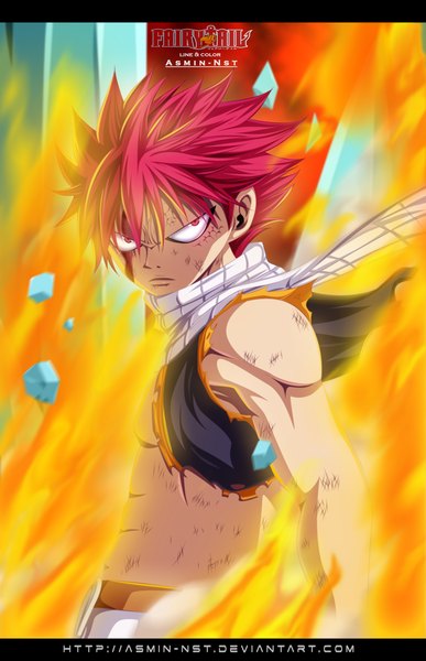 Anime picture 1500x2321 with fairy tail natsu dragneel iitheluciferii single tall image short hair pink hair pink eyes inscription copyright name sleeveless coloring torn clothes magic letterboxed muscle angry boy scarf blood