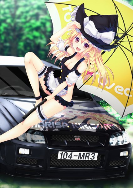 Anime picture 708x1000 with touhou nissan kirisame marisa yaki mayu single long hair tall image looking at viewer fringe breasts open mouth light erotic holding outdoors braid (braids) :d arm up sleeveless side braid naked apron