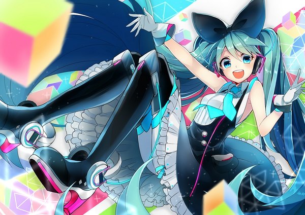 Anime picture 1146x811 with vocaloid magical mirai (vocaloid) hatsune miku magical mirai miku magical mirai miku (2016) sogawa single looking at viewer blush fringe open mouth blue eyes hair between eyes twintails very long hair aqua hair sleeveless outstretched arm weightlessness girl