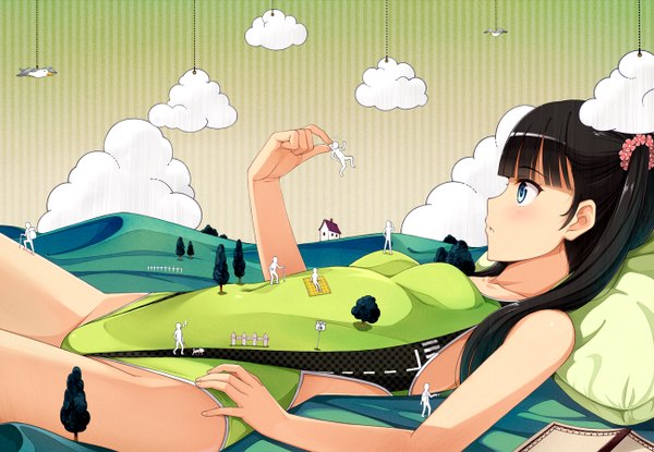 Anime picture 1300x900 with original yokaze japan single long hair blue eyes light erotic black hair twintails cloud (clouds) lying profile girl swimsuit plant (plants) tree (trees)