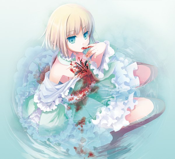 Anime picture 1039x946 with fate (series) fate/prototype type-moon sajou manaka izumiya otoha single short hair blonde hair green eyes finger to mouth girl dress water blood