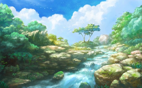 Anime picture 1400x875 with original cb (artist) wide image sky cloud (clouds) landscape river plant (plants) animal tree (trees) water bird (birds)
