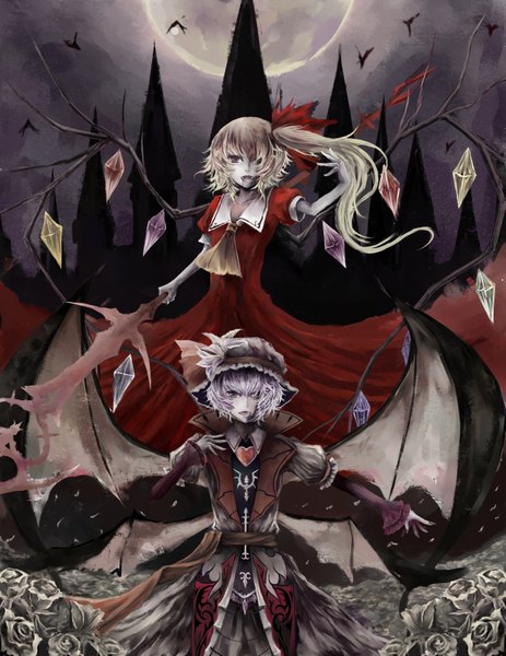 Anime picture 2461x3191 with touhou flandre scarlet remilia scarlet kiiro usagi (artist) tall image fringe highres short hair open mouth blonde hair multiple girls grey hair hair over one eye night grey eyes one side up demon wings girl dress flower (flowers)