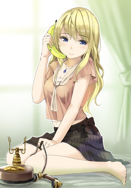 Anime picture 1100x1575 with original yoropa single long hair tall image looking at viewer blue eyes blonde hair barefoot bare legs girl skirt fruit phone banana