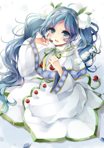 Anime picture 1000x1414 with vocaloid hatsune miku yuki miku yuki miku (2015) puracotte single long hair tall image blush open mouth blue eyes simple background smile twintails holding blue hair ahoge from above wide sleeves girl