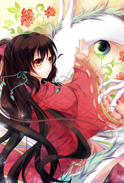 Anime picture 1377x2039 with original mochizuki shiina single long hair tall image black hair red eyes traditional clothes girl flower (flowers) dragon