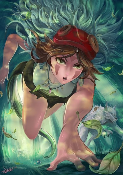 Anime picture 1379x1950 with mononoke hime studio ghibli san johnson zhuang single long hair tall image open mouth brown hair green eyes tattoo torn clothes facial mark girl plant (plants) tree (trees) pendant leaf (leaves)