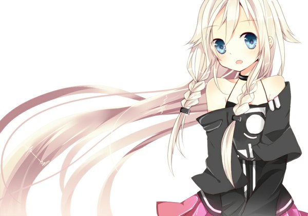Anime picture 1020x718 with vocaloid ia (vocaloid) shiino sera (gelatin) single long hair looking at viewer blush open mouth blue eyes simple background white background bare shoulders white hair braid (braids) twin braids girl dress