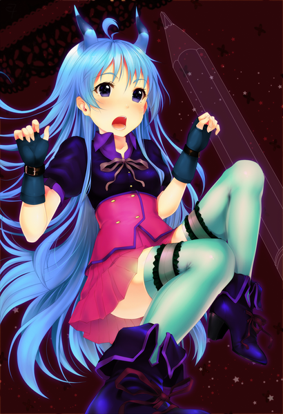 Anime picture 1400x2050 with original eventh7 single long hair tall image blush open mouth purple eyes blue hair horn (horns) girl thighhighs dress fingerless gloves