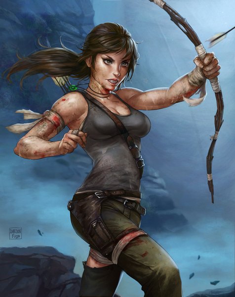 Anime picture 3000x3784 with tomb raider lara croft dandon fuga single long hair tall image highres breasts black hair lips black eyes realistic girl weapon belt blood bandage (bandages) t-shirt bow (weapon) arrow (arrows)
