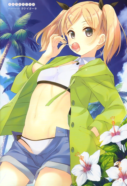 Anime picture 1582x2319 with shirobako p.a. works yano erika takei ooki single long hair tall image looking at viewer blue eyes light erotic blonde hair twintails scan open jacket girl navel flower (flowers) bow swimsuit plant (plants)