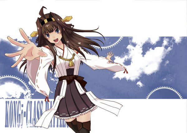 Anime picture 1000x713 with kantai collection kongou battleship kiko (weavehabit) single long hair fringe open mouth black hair smile brown hair grey eyes outstretched arm nontraditional miko girl thighhighs skirt black thighhighs detached sleeves clothes