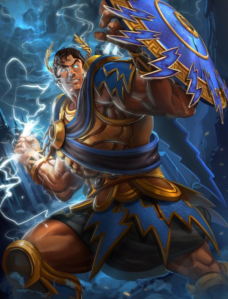 Anime picture 914x1200 with smite (game) zeus (smite) brolo single tall image short hair blue eyes black hair smile lightning boy armor shield