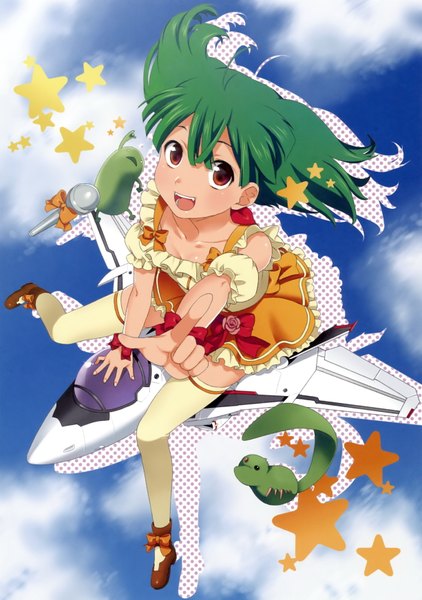 Anime picture 2450x3481 with macross macross frontier ranka lee mattaku mousuke tall image highres short hair open mouth red eyes green hair girl thighhighs microphone airplane jet