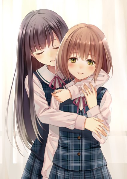 Anime picture 2509x3542 with original fukahire (ruinon) long hair tall image blush highres open mouth black hair brown hair white background multiple girls yellow eyes eyes closed hug girl uniform 2 girls school uniform
