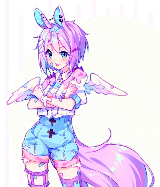 Anime picture 1025x1200 with original hyanna-natsu single tall image blush fringe short hair open mouth blue eyes simple background hair between eyes standing white background signed animal ears blue hair looking away pink hair ahoge tail