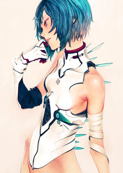 Anime picture 2150x3035 with neon genesis evangelion rebuild of evangelion evangelion: 2.0 you can (not) advance gainax ayanami rei iwai ryo single tall image fringe highres short hair breasts light erotic simple background red eyes standing white background aqua hair finger to mouth girl