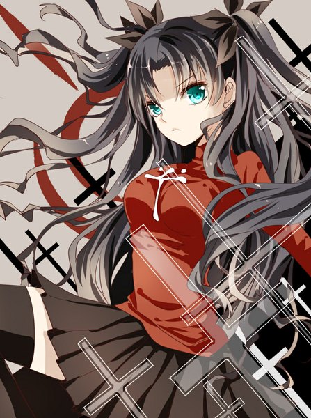Anime picture 753x1010 with fate (series) fate/stay night type-moon toosaka rin mizuki (fandesaer) single long hair tall image looking at viewer black hair aqua eyes two side up girl thighhighs bow black thighhighs hair bow cross