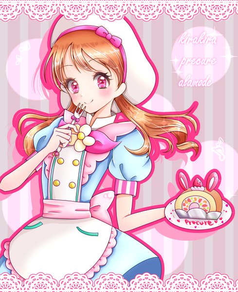 Anime picture 1000x1227 with precure kirakira precure a la mode toei animation usami ichika chanonn fakutorii single long hair tall image looking at viewer blush smile brown hair twintails pink eyes puffy sleeves low twintails striped background girl dress hat