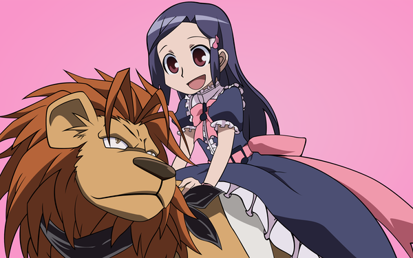 Anime picture 2560x1600 with kyouran kazoku nikki long hair highres smile wide image brown eyes blue hair pink background riding girl dress bowtie lion
