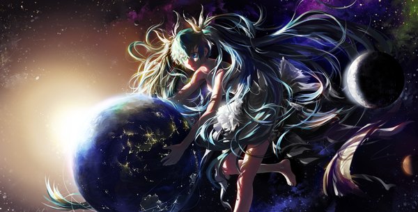 Anime picture 2000x1017 with vocaloid hatsune miku modare single highres blue eyes wide image twintails bare shoulders blue hair very long hair barefoot sunlight sleeveless space giant girl dress moon star (stars)