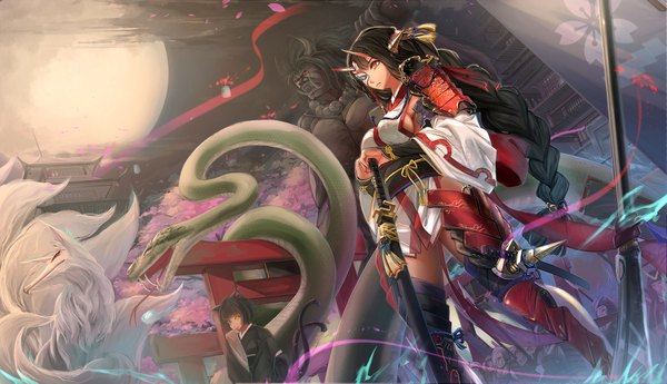 Anime picture 2247x1293 with original kikivi long hair highres black hair red eyes wide image multiple girls animal ears tail braid (braids) traditional clothes japanese clothes animal tail horn (horns) cat ears night cat girl cat tail girl