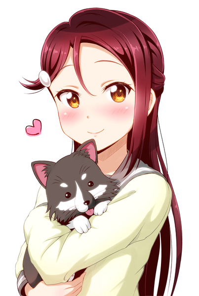 Anime picture 1345x2000 with love live! sunshine!! sunrise (studio) love live! sakurauchi riko anko (love live! sunshine!!) ckst single long hair tall image looking at viewer blush simple background smile hair between eyes white background holding yellow eyes upper body red hair girl