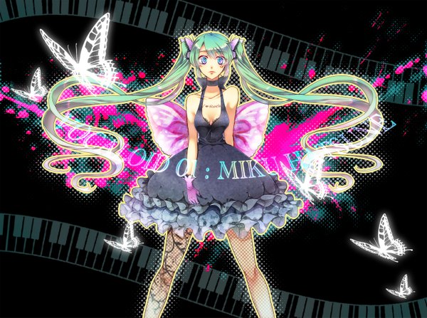 Anime picture 1500x1119 with vocaloid hatsune miku yuh (artist) single long hair blue eyes twintails bare shoulders aqua hair insect wings butterfly wings girl dress insect butterfly
