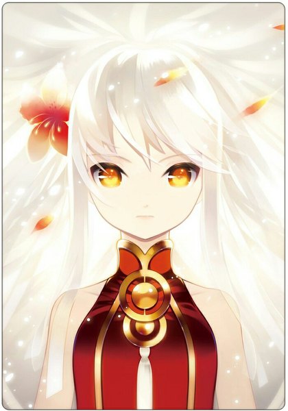 Anime picture 700x1000 with original puti devil single long hair tall image looking at viewer highres simple background white background white hair hair flower orange eyes girl dress flower (flowers) red dress hibiscus