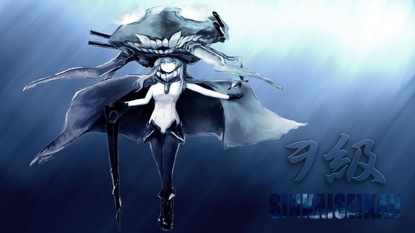 Anime picture 1920x1080 with kantai collection wo-class aircraft carrier abchipika single long hair looking at viewer highres wide image aqua eyes grey hair inscription teeth wallpaper covered navel pale skin shinkaisei-kan girl gloves black gloves cape