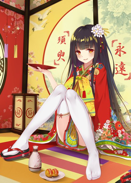 Anime picture 1200x1674 with touhou houraisan kaguya flan (seeyouflan) single long hair tall image looking at viewer blush fringe open mouth light erotic black hair smile blunt bangs traditional clothes japanese clothes hair flower wide sleeves orange eyes floral print