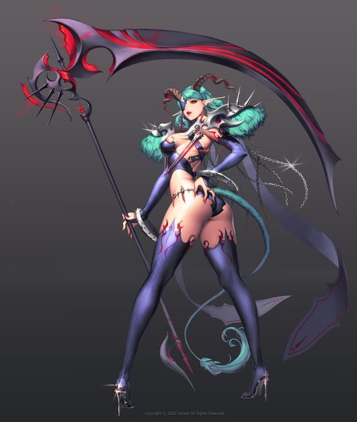 Anime picture 1255x1481 with original love cacao single tall image short hair open mouth light erotic red eyes bare shoulders ass horn (horns) pointy ears from behind aqua hair midriff looking down girl weapon earrings chain