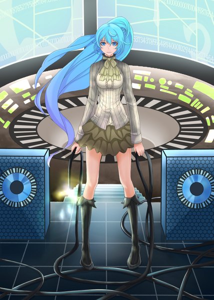 Anime picture 1307x1830 with vocaloid hatsune miku colorfulegg (pixiv) single long hair tall image looking at viewer fringe breasts standing ponytail aqua eyes aqua hair alternate costume alternate hairstyle girl skirt shirt boots thigh boots