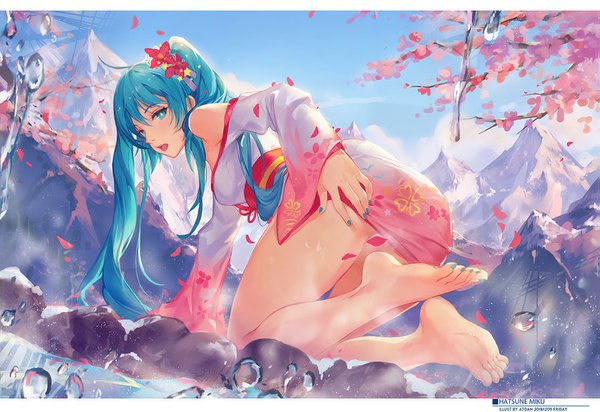 Anime picture 1455x1000 with vocaloid hatsune miku atdan single open mouth light erotic twintails very long hair traditional clothes japanese clothes barefoot aqua eyes aqua hair bare legs pantyshot mountain convenient censoring girl hair ornament petals