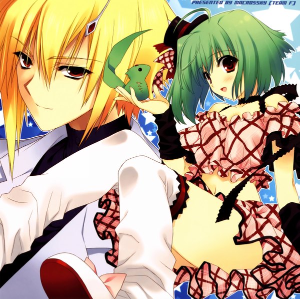 Anime picture 5203x5184 with macross macross frontier ranka lee brera sterne blush highres short hair open mouth blonde hair red eyes bare shoulders absurdres green hair light smile couple blue background girl thighhighs boy bow
