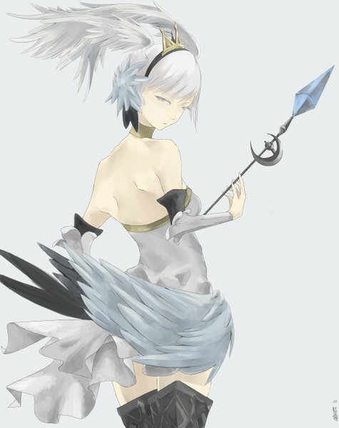 Anime picture 2000x2524 with original elf (artist) tall image looking at viewer highres short hair blue eyes bare shoulders holding silver hair looking back girl dress gloves weapon wings headdress