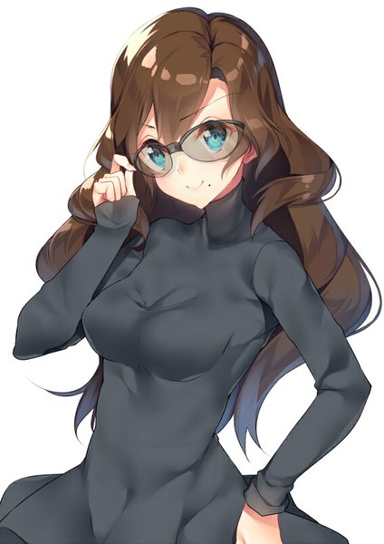 Anime picture 566x800 with original yappen single long hair tall image looking at viewer blue eyes simple background smile brown hair white background mole mole under mouth adjusting sunglasses girl navel bodysuit sunglasses