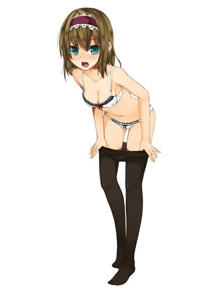 Anime picture 726x1000 with touhou alice margatroid unasaka ryou single tall image looking at viewer blush short hair open mouth blue eyes light erotic simple background brown hair white background underwear only girl underwear panties pantyhose lingerie
