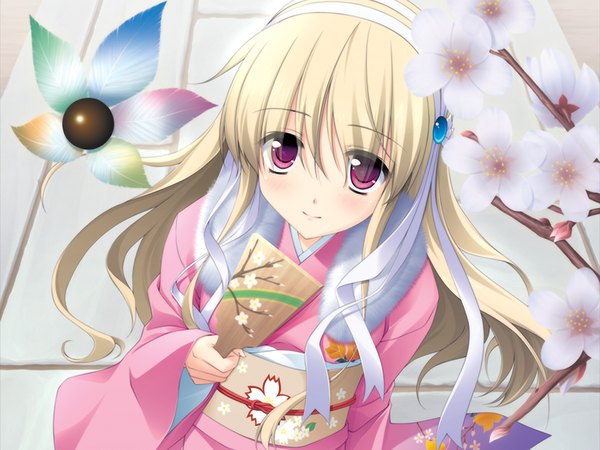 Anime picture 1024x768 with honey coming clarissa satsuki maezono long hair blonde hair game cg traditional clothes japanese clothes pink eyes girl kimono fur-trimmed kimono hagoita