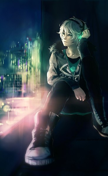 Anime picture 612x1000 with fisheye placebo frey (fisheye placebo) yuumei single tall image looking at viewer fringe short hair outdoors lips grey hair lacing city lights boy shoes jacket building (buildings) pants hoodie sneakers