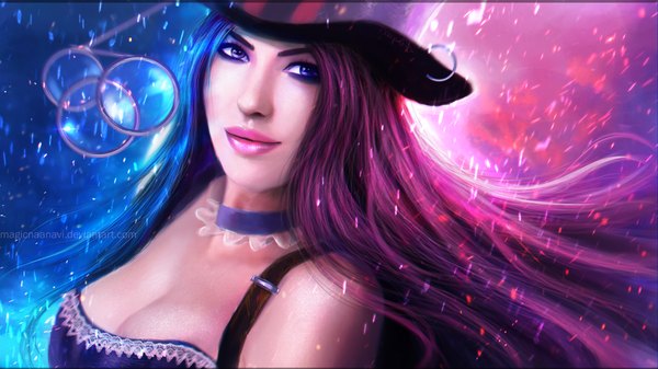 Anime picture 1920x1080 with league of legends caitlyn (league of legends) magicnaanavi single long hair highres breasts open mouth wide image purple eyes signed blue hair purple hair multicolored hair lips two-tone hair close-up girl hat choker