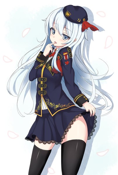 Anime picture 740x1100 with kantai collection hibiki destroyer myuu (arisumeria) single long hair tall image blush blue eyes simple background white background white hair finger to mouth girl thighhighs skirt black thighhighs anchor symbol