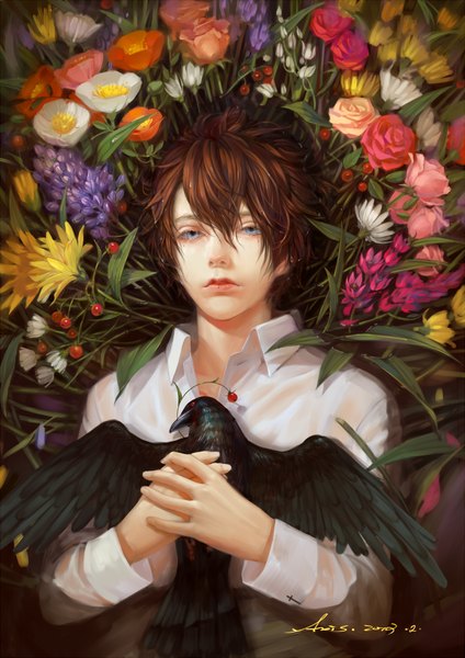 Anime picture 707x1000 with original axis (artist) single tall image looking at viewer short hair open mouth blue eyes brown hair holding signed lying boy flower (flowers) animal bird (birds) rose (roses) crow