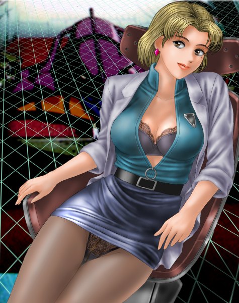 Anime picture 950x1200 with neon genesis evangelion akagi gainax madhouse toten (artist) single tall image fringe short hair breasts light erotic blonde hair smile large breasts sitting brown eyes light smile open clothes mole open jacket