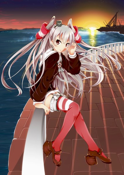 Anime picture 957x1350 with kantai collection amatsukaze destroyer yuu (oosakazaijyuu) single long hair tall image sitting brown eyes silver hair two side up evening sunset girl thighhighs hat sea hair tubes sailor suit mini hat mini top hat